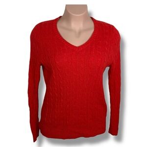 2X JC Penny Red Merino Wool Vneck Cable Knit Sweater Long Sleeve Soft Comfort